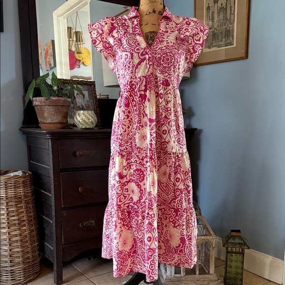 Umgee Magenta Pink Floral Print Bohemian Midi Tiered Dress - Picture 6 of 13